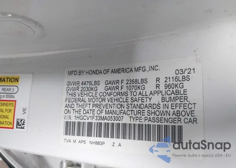 2021 Honda Accord Sport из США, поврежденный, VIN 1HGCV1F33MA053007